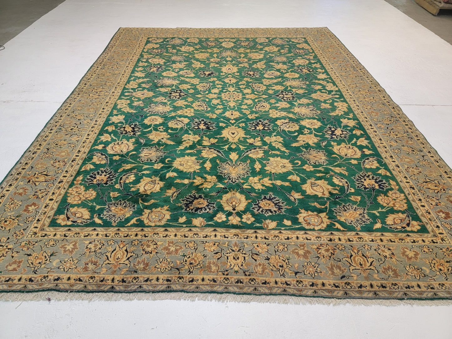 Hand-Knotted Wool Rug Green Tabriz 10' x 13'