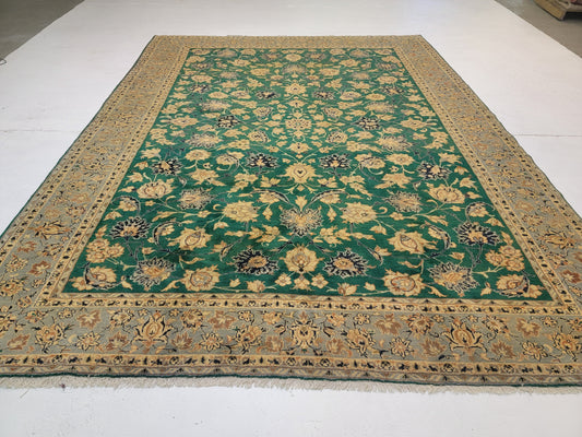 Hand-Knotted Wool Rug Green Tabriz 10' x 13'