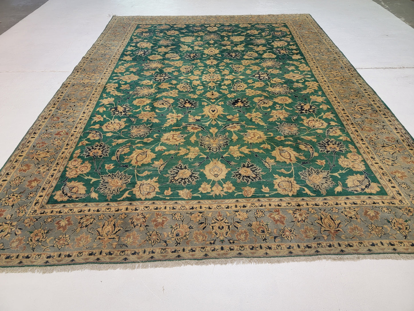 Hand-Knotted Wool Rug Green Tabriz 10' x 13'
