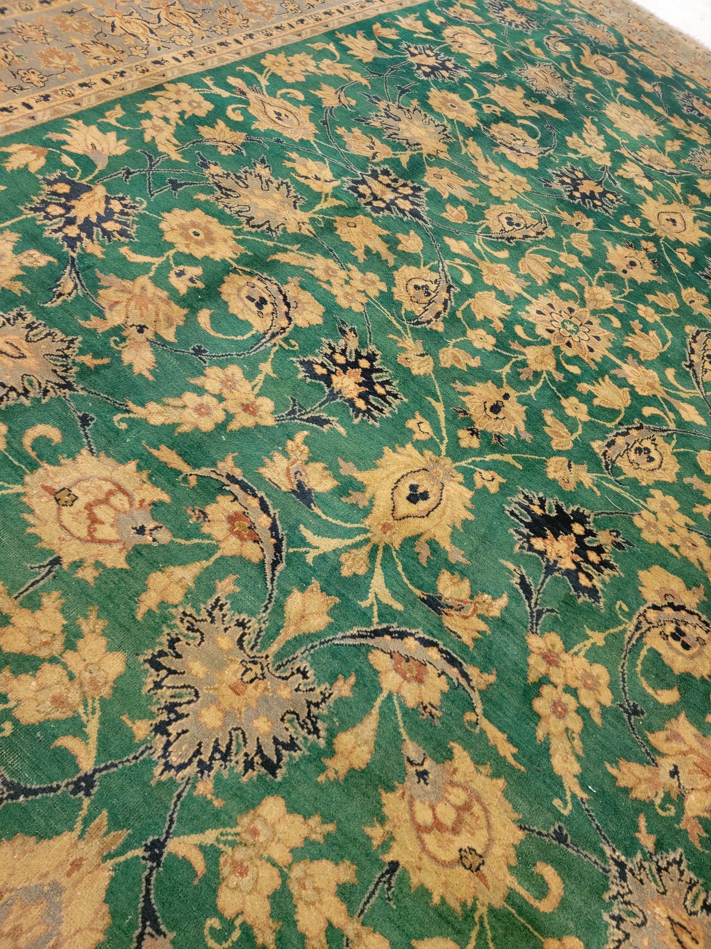 Hand-Knotted Wool Rug Green Tabriz 10' x 13'
