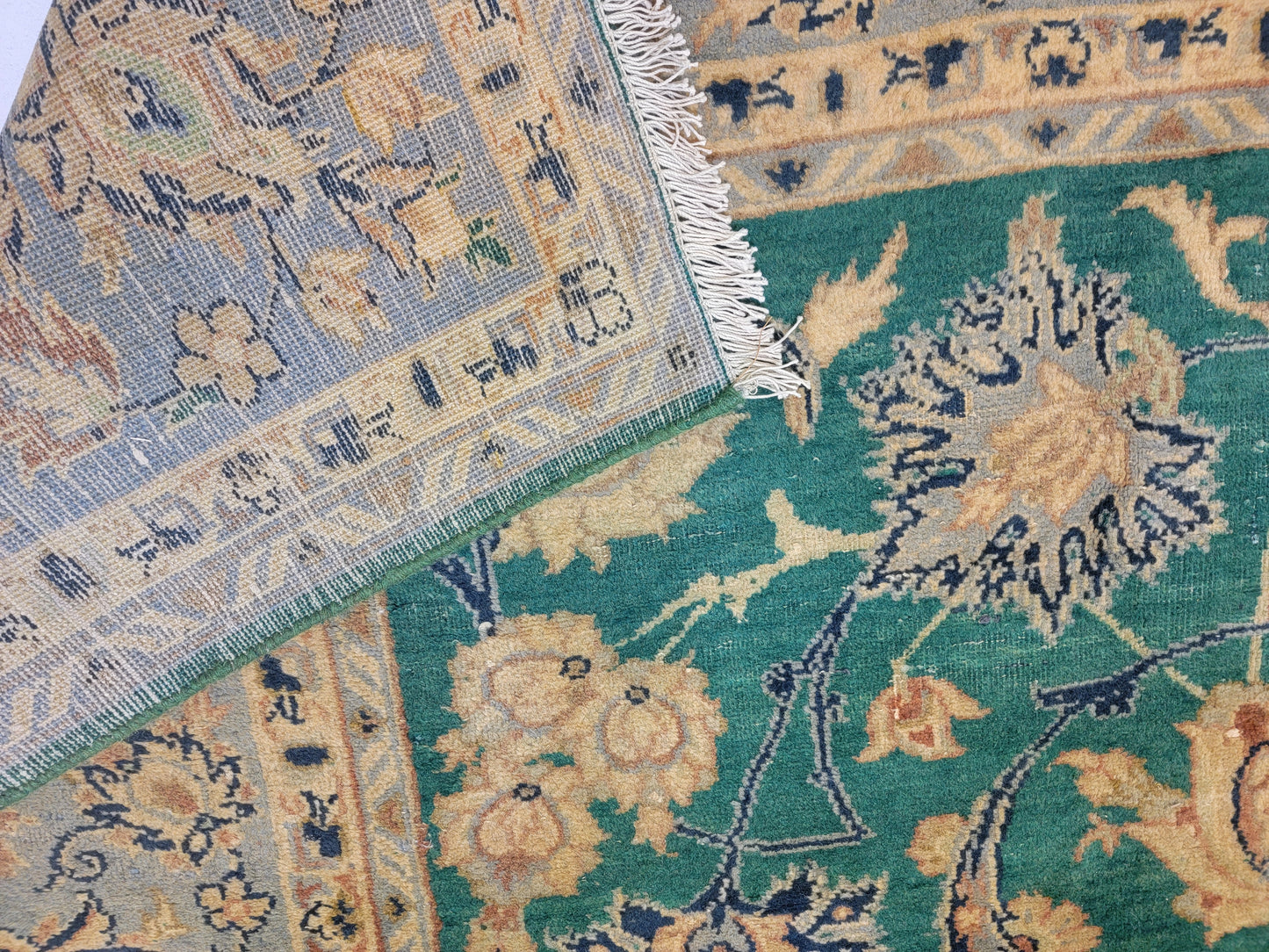 Hand-Knotted Wool Rug Green Tabriz 10' x 13'