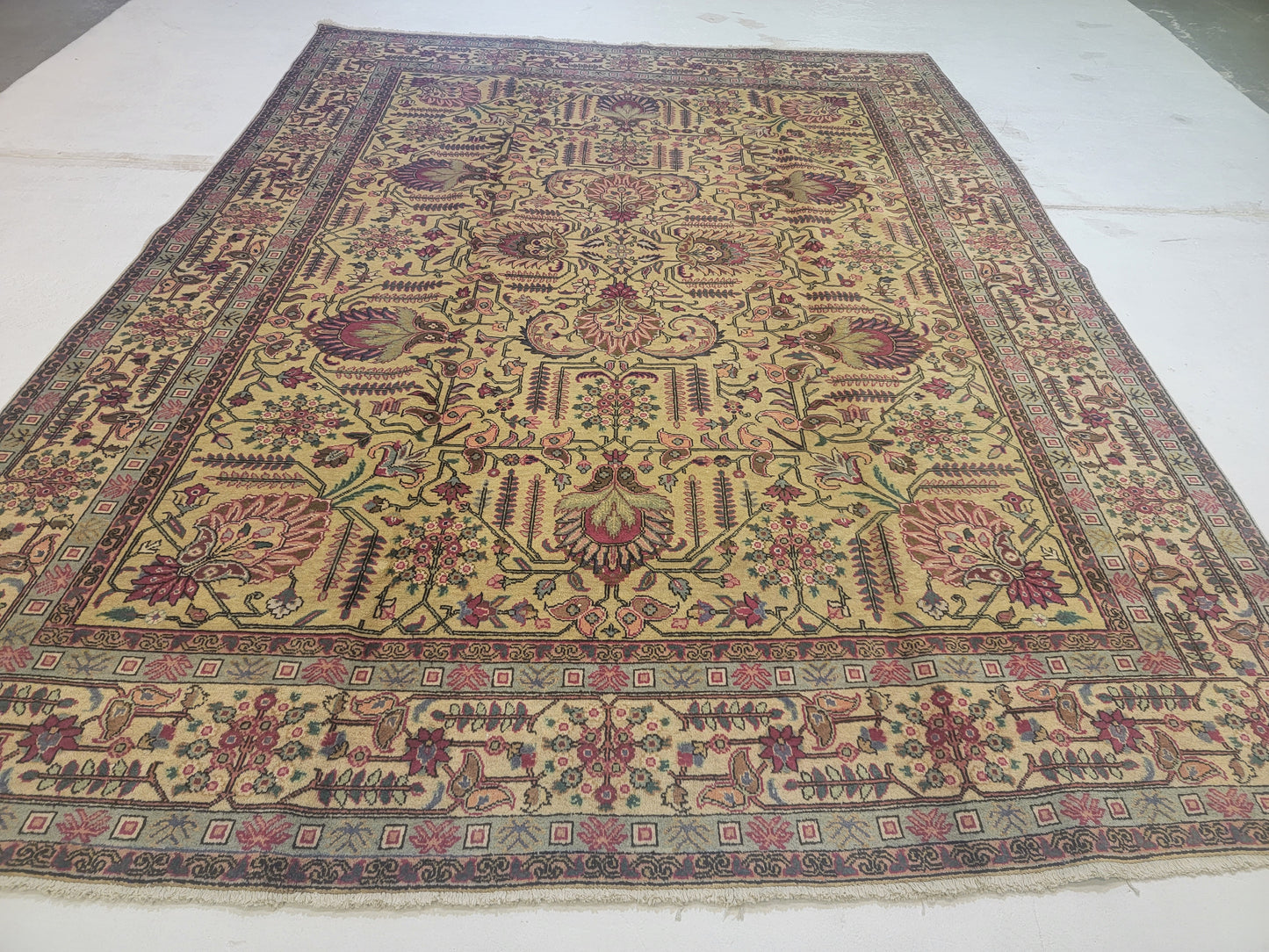 Hand-Knotted Wool Rug Light Green Tabriz Allover Design 10'6" x 12'9"