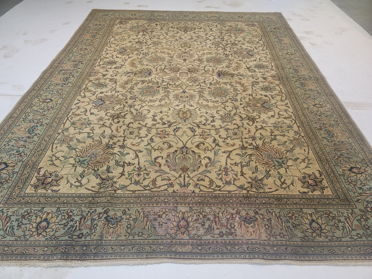 Hand-Knotted Wool Rug Ivory Green Tabriz Allover Design 9'7" x 12'7"