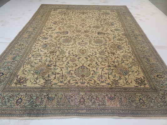 Hand-Knotted Wool Rug Ivory Green Tabriz Allover Design 9'7" x 12'7"