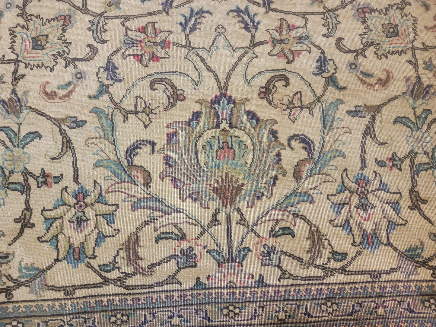 Hand-Knotted Wool Rug Ivory Green Tabriz Allover Design 9'7" x 12'7"