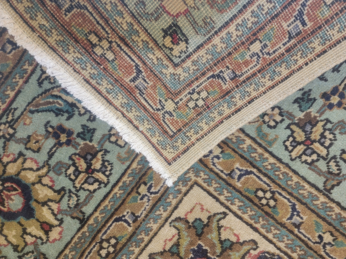 Hand-Knotted Wool Rug Ivory Green Tabriz Allover Design 9'7" x 12'7"