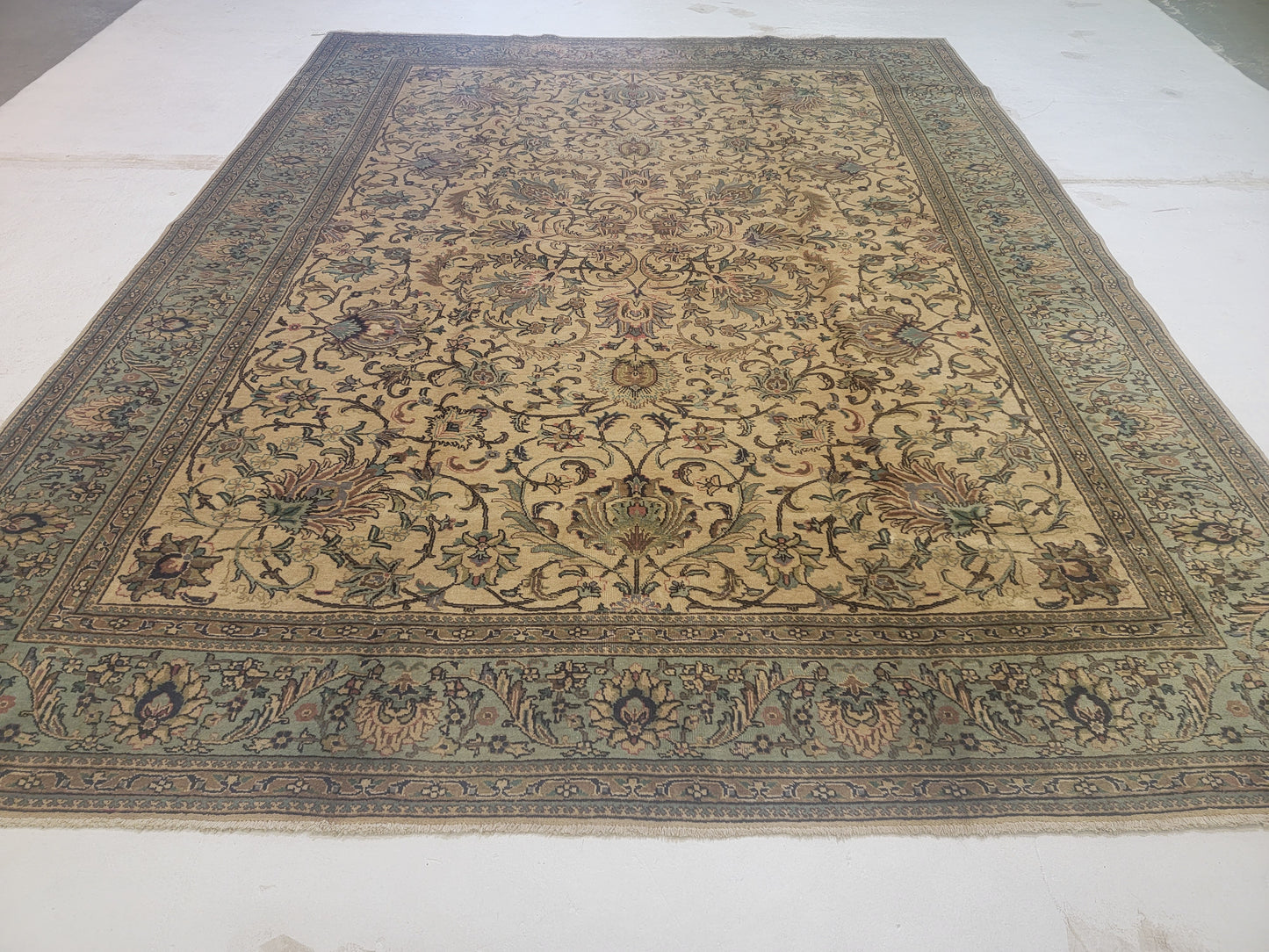Hand-Knotted Wool Rug Ivory Green Tabriz Allover Design 9'7" x 12'7"