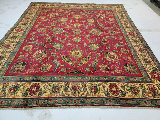 Hand-Knotted Wool Rug Tabriz Allover Design 9'10" x 11'7"