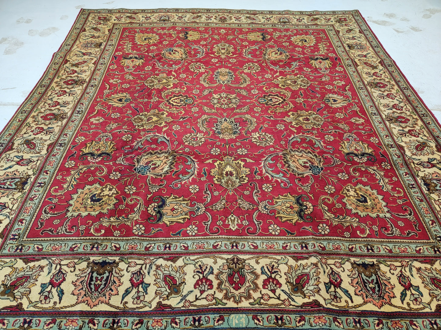 Hand-Knotted Wool Rug signedTabriz Allover Design 9'10" x 10'11"
