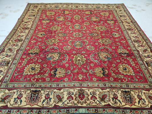 Hand-Knotted Wool Rug signedTabriz Allover Design 9'10" x 10'11"