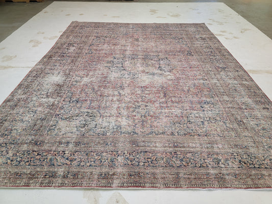 Hand-Knotted Wool Destressed Rug Khorassan/mashad Medallion  Design 10'6" x 13'