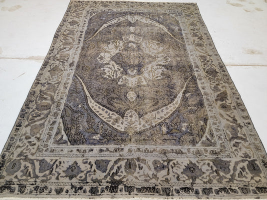 Hand-Knotted Wool Destressed Over dye charcole  Rug Tabriz medallion Design 6'3" x 9'4"