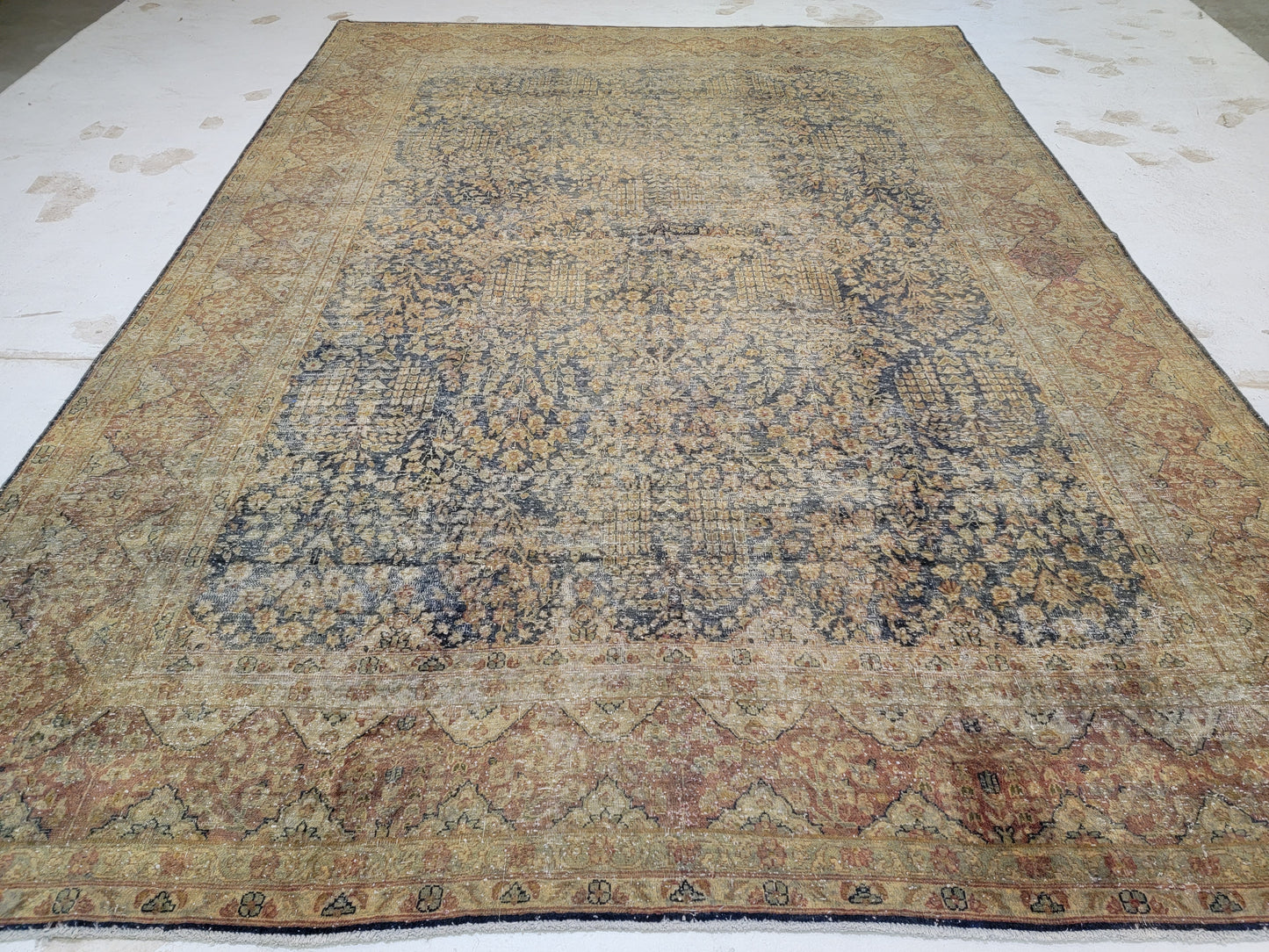 Hand-Knotted Wool Destressed Kerman Rug 9'6" x 13'