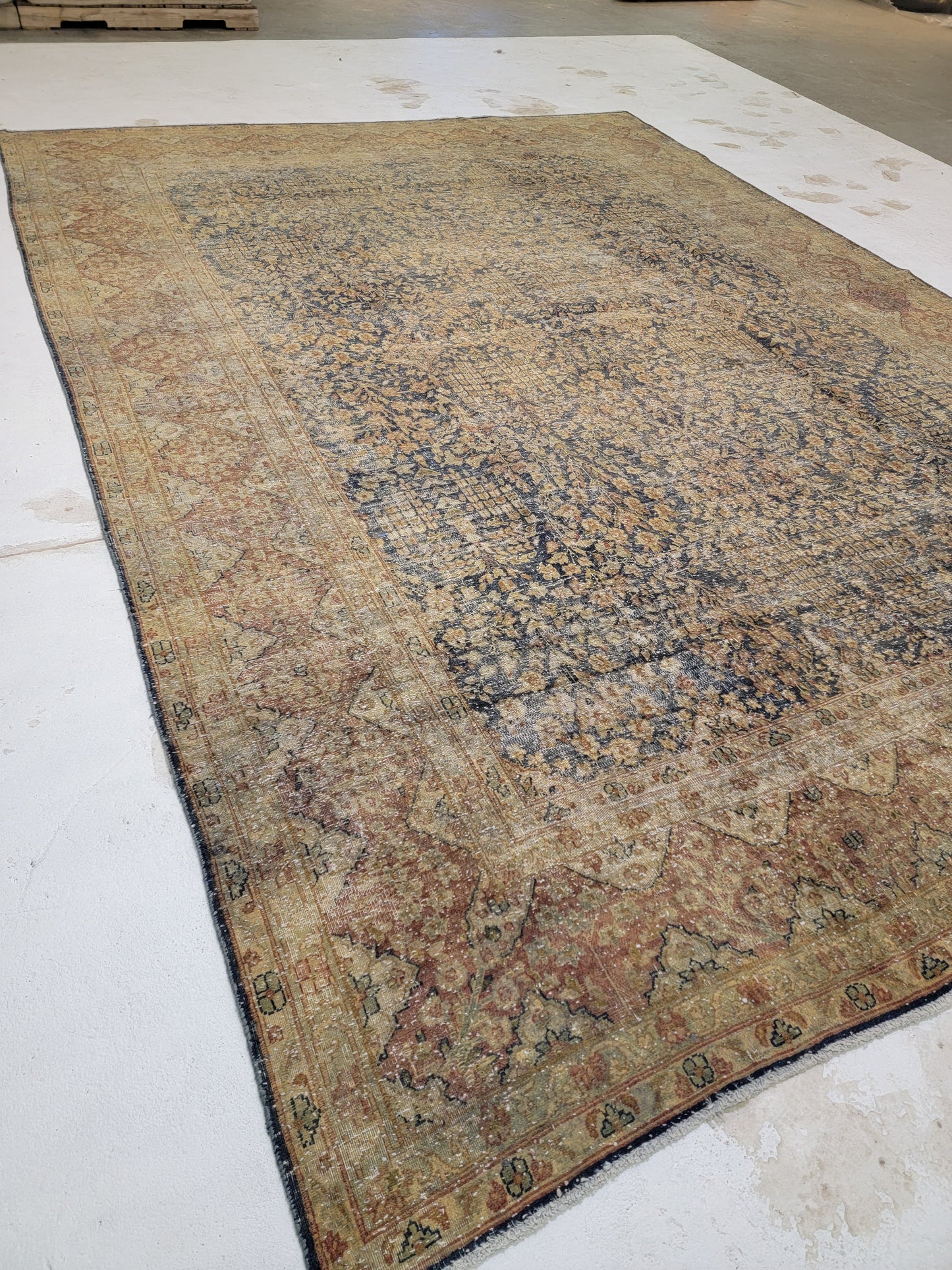 Hand-Knotted Wool Destressed Kerman Rug 9'6" x 13'