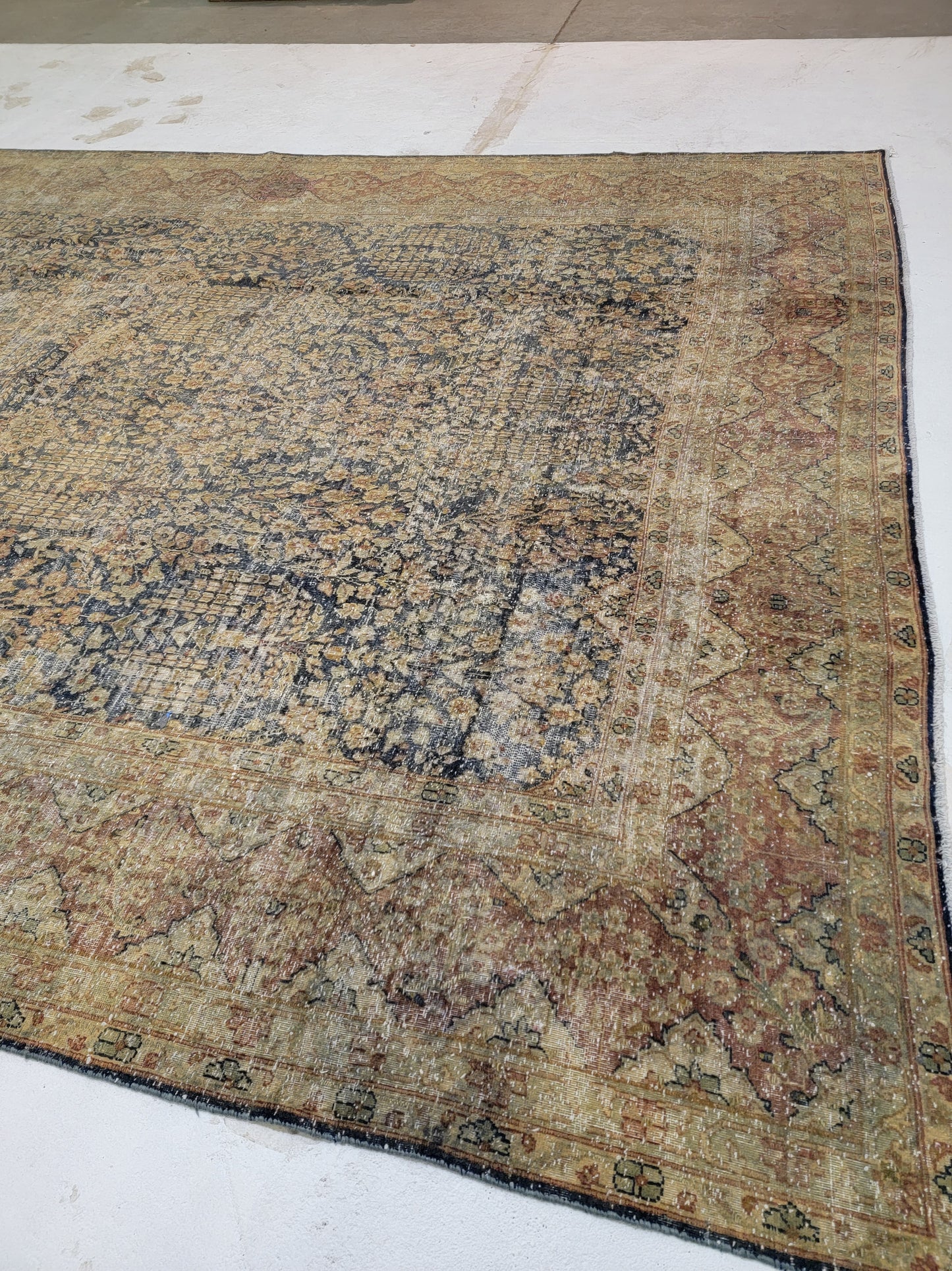 Hand-Knotted Wool Destressed Kerman Rug 9'6" x 13'