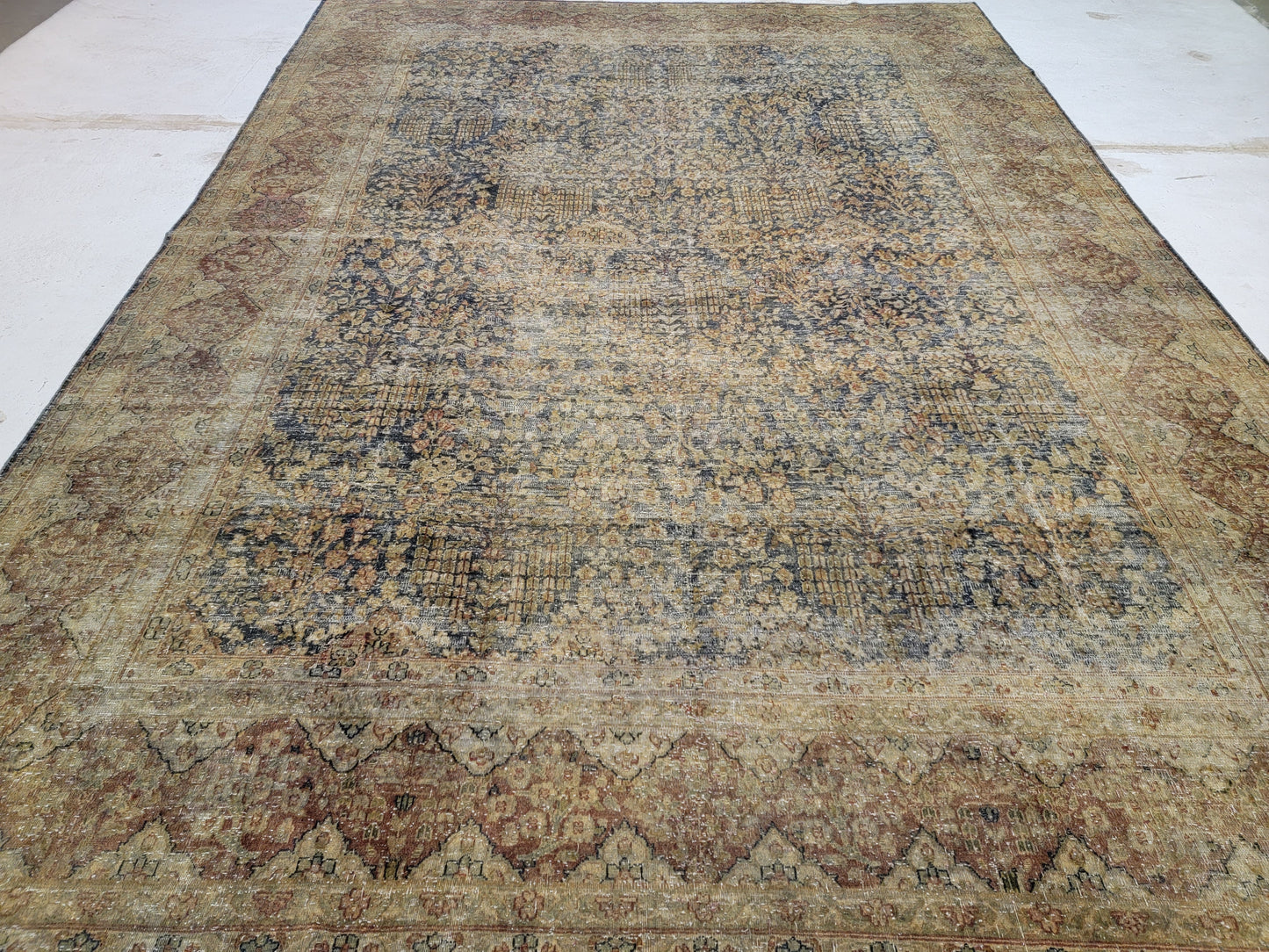 Hand-Knotted Wool Destressed Kerman Rug 9'6" x 13'