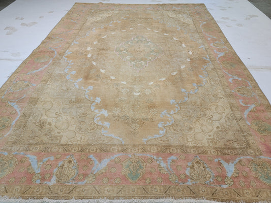 Hand-Knotted Wool Rug Tabriz destressed white 9'4" x 13'4"