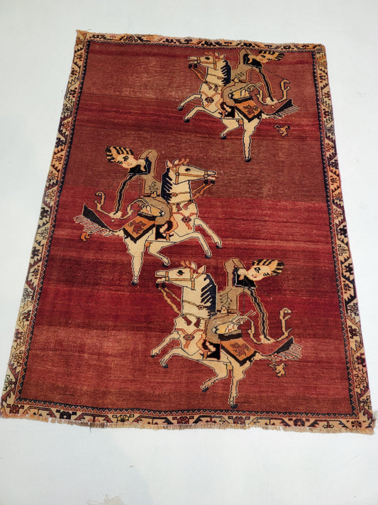 Hand-Knotted Wool Persian Gabbeh Horses 4'1" x 5'7"