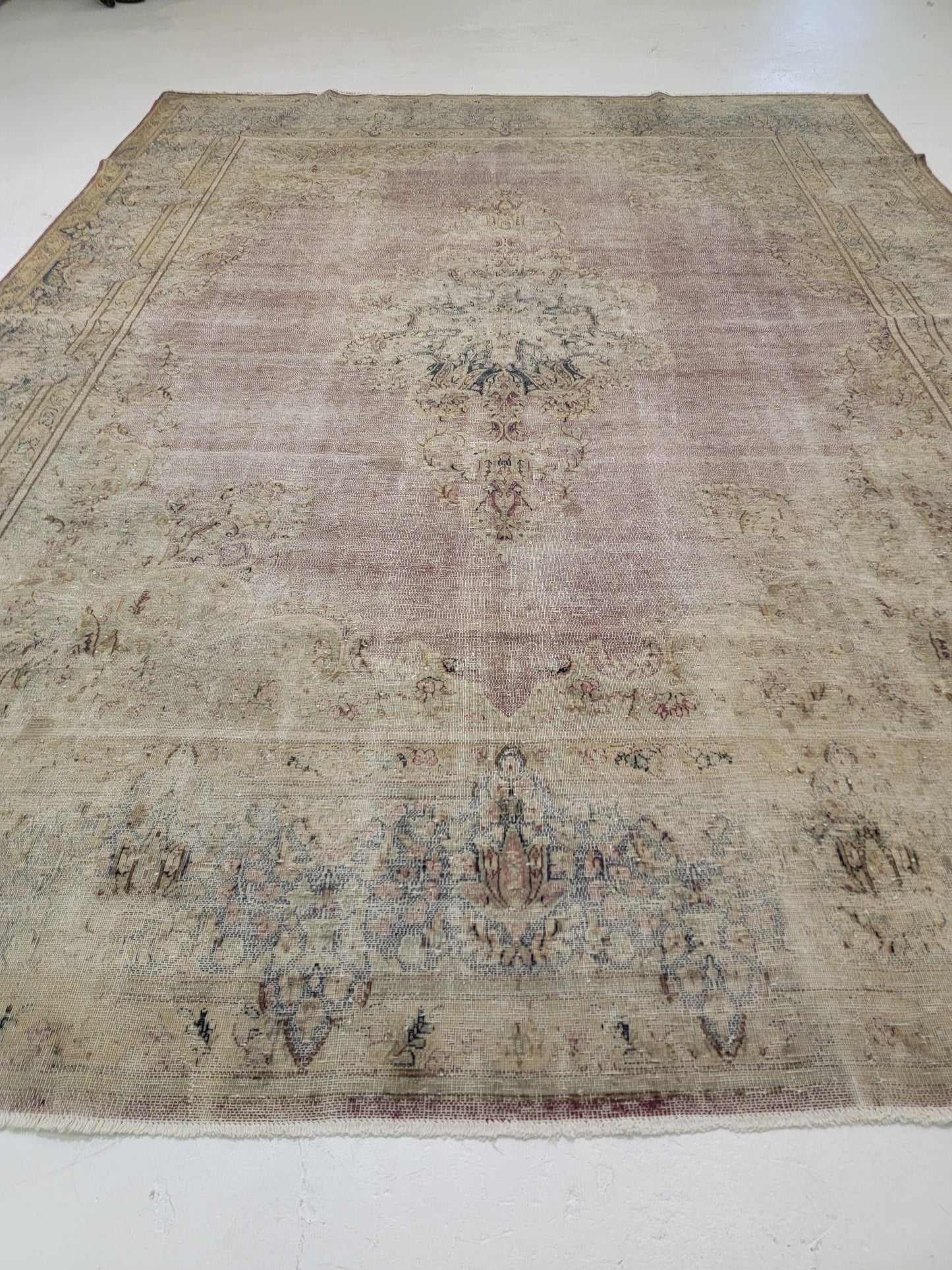 Hand-Knotted Wool Rug Tabriz Distressed 9'7" x 12'9"