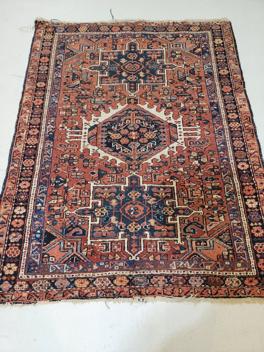Hand-Knotted Wool Rug Heriz Karajeh 3'6" x 4'7"
