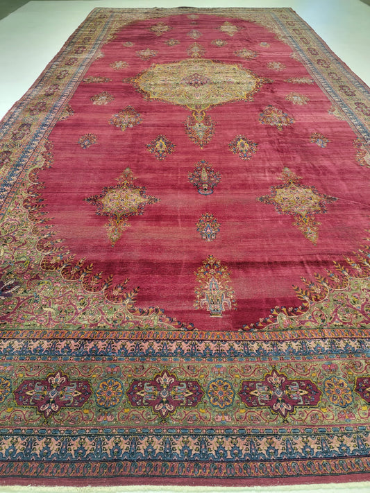 Antique Hand-Knotted Wool Area Rug Kerman 9'7" x 19'5"