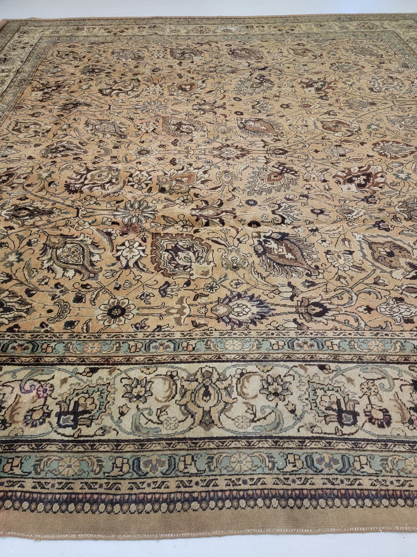 Antique Hand-Knotted Wool Area Rug Square Tabriz 12'10" x 13'2"