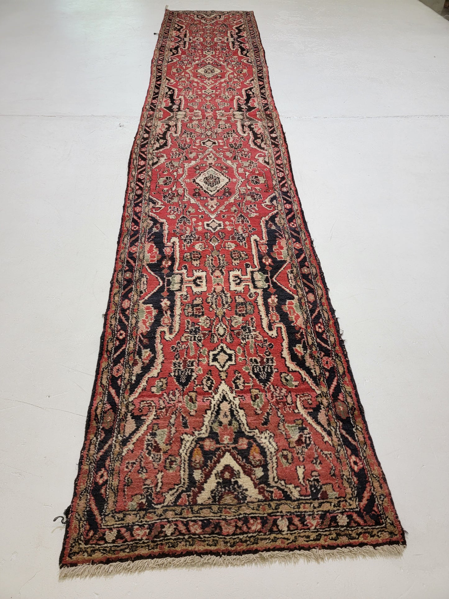 Antique Hand-Knotted Wool Runner Hamedan 3'2" x 16'8"