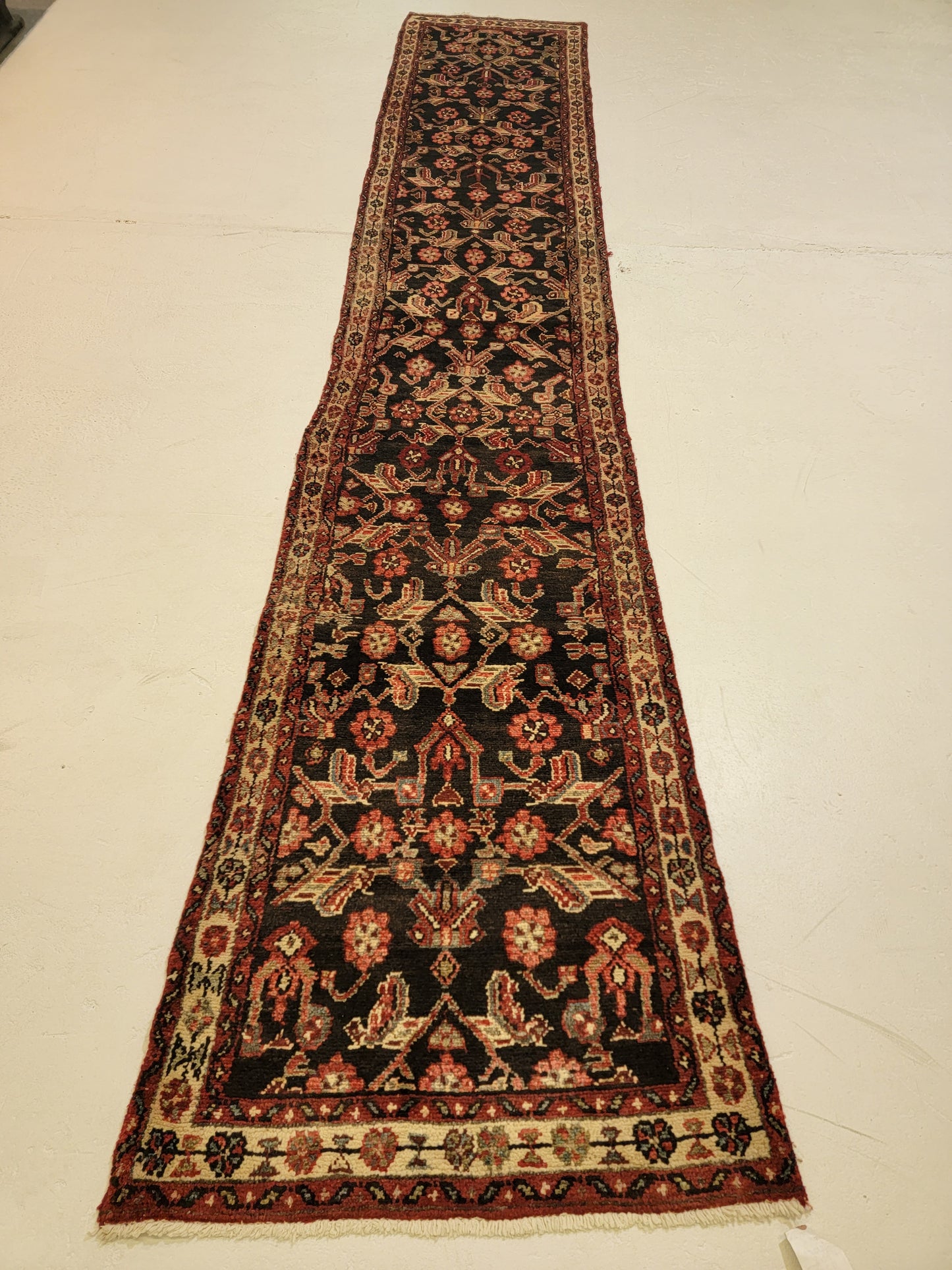 Antique Hand-Knotted Wool Runner Hamedan 2'4" x 13'