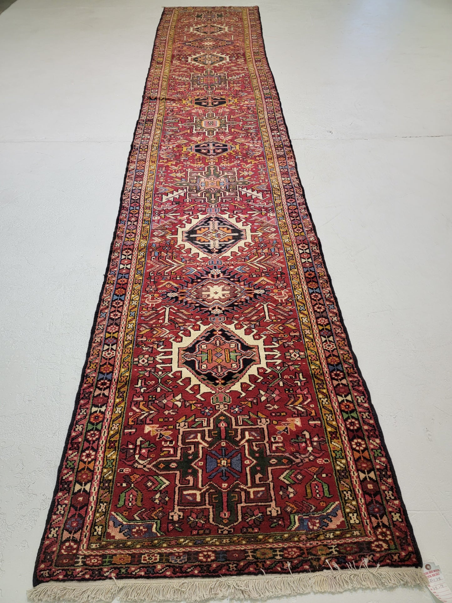 Antique Hand-Knotted Wool Runner Karajeh 3'5" x 18'