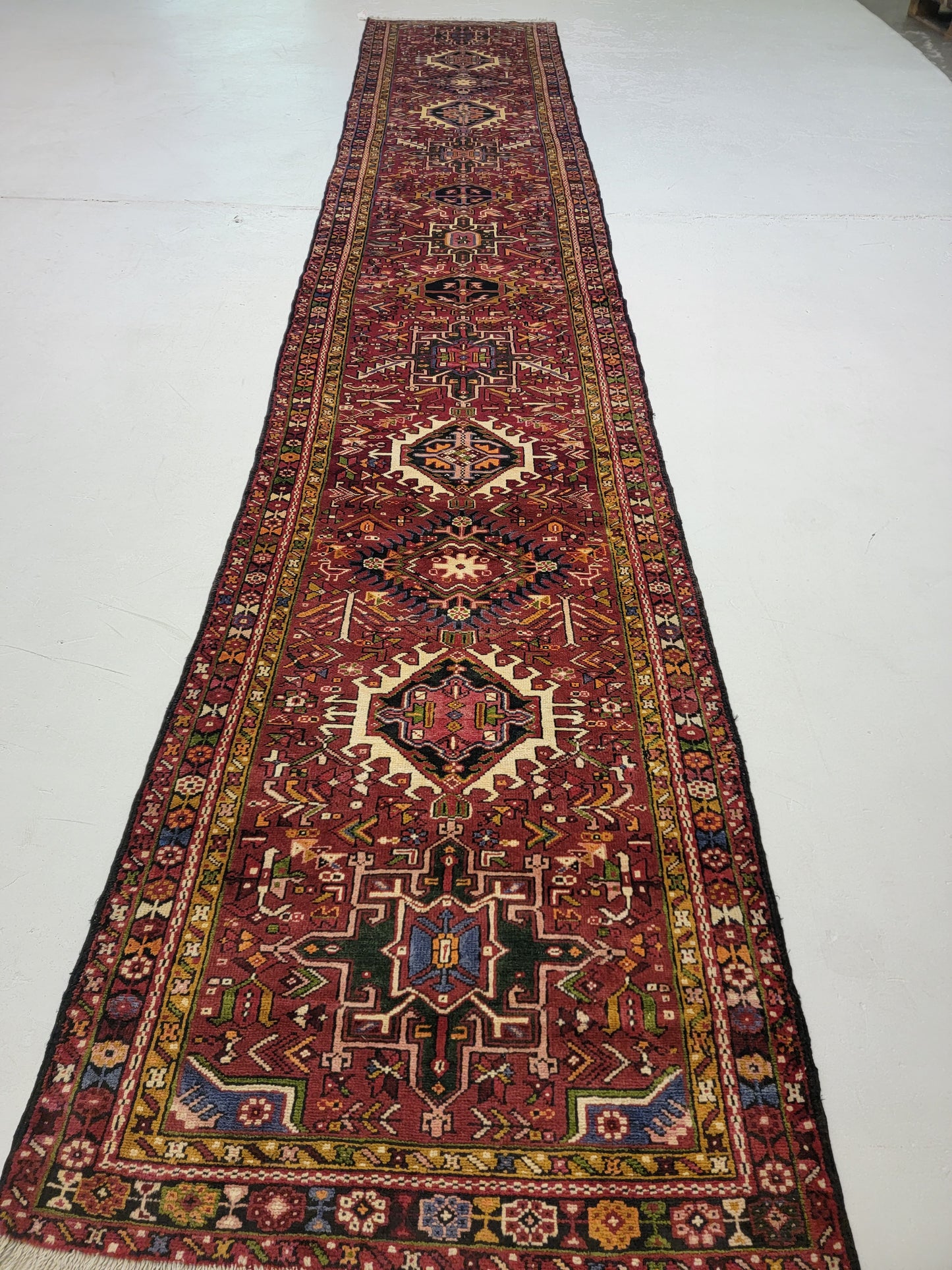 Antique Hand-Knotted Wool Runner Karajeh 3'5" x 18'