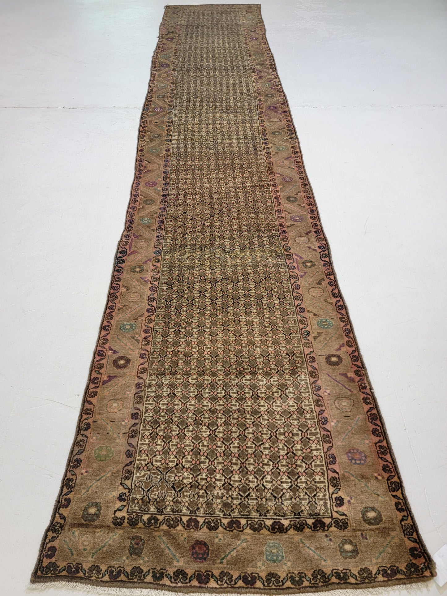 Antique Hand-Knotted Wool Runner Kurdish Herati 3'2" x 16'3"