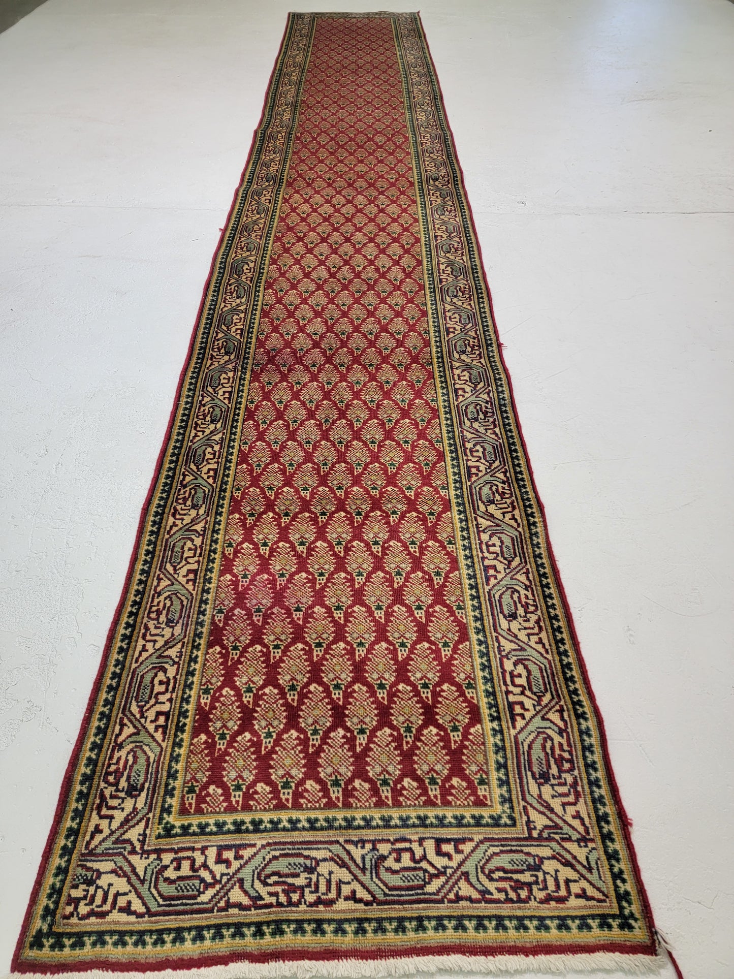 Antique Hand-Knotted Wool Runner Tabriz Mir/Saraband 3'3" x 20'