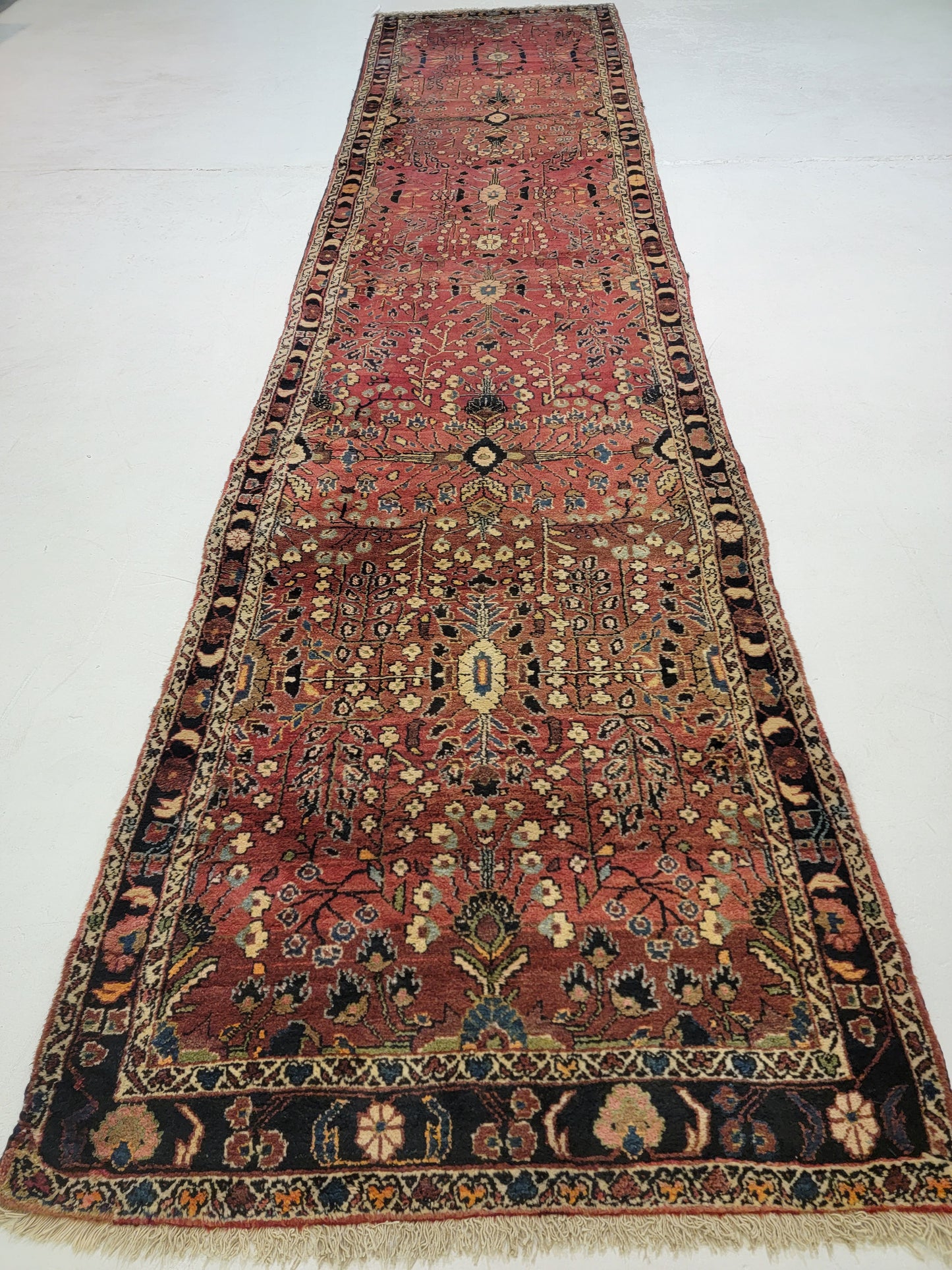 Antique Hand-Knotted Wool Runner Hamedan Rudbar 3'11" x 16'11"