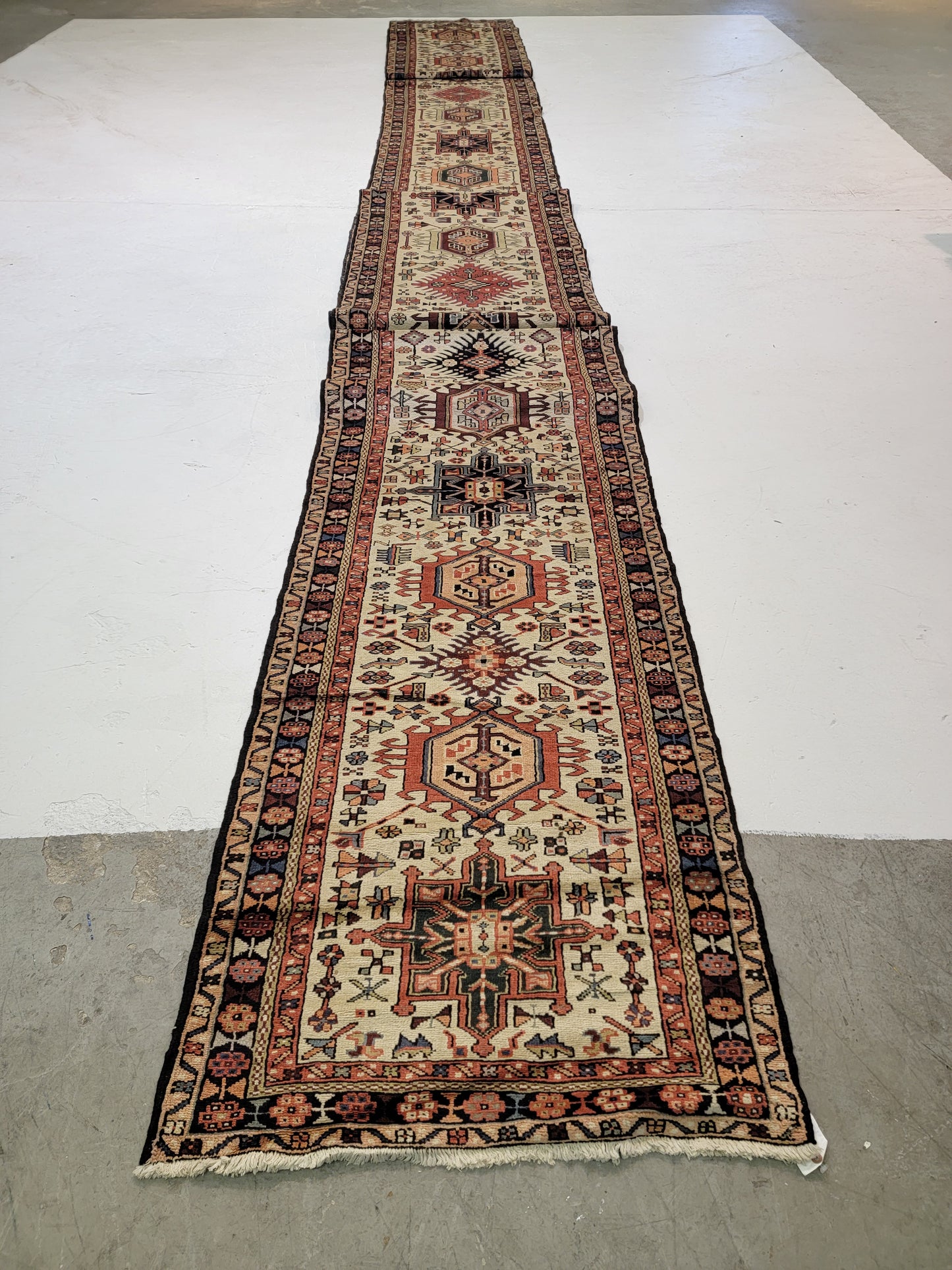 Antique Hand-Knotted Wool Runner Heriz Karajeh 3'1" x 46'8"