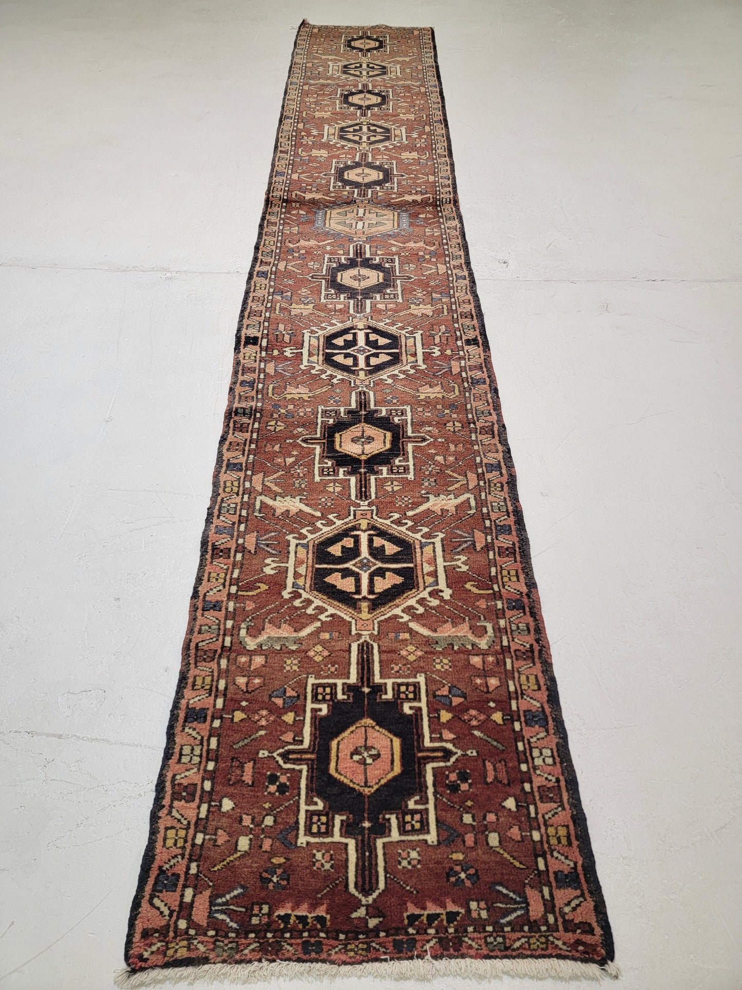 Antique Hand-Knotted Wool Runner Heriz Karajeh 2'5" x 14'