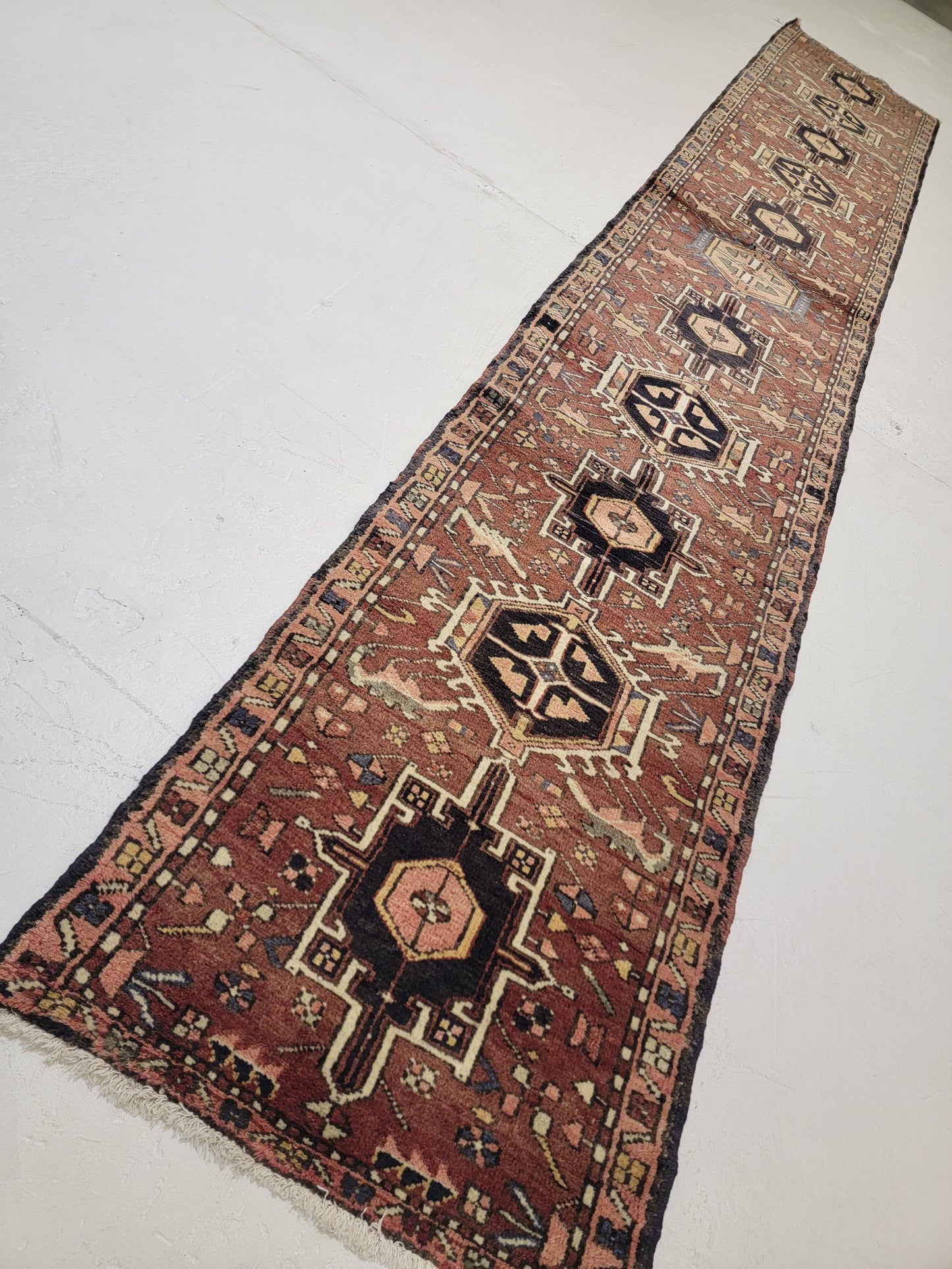 Antique Hand-Knotted Wool Runner Heriz Karajeh 2'5" x 14'