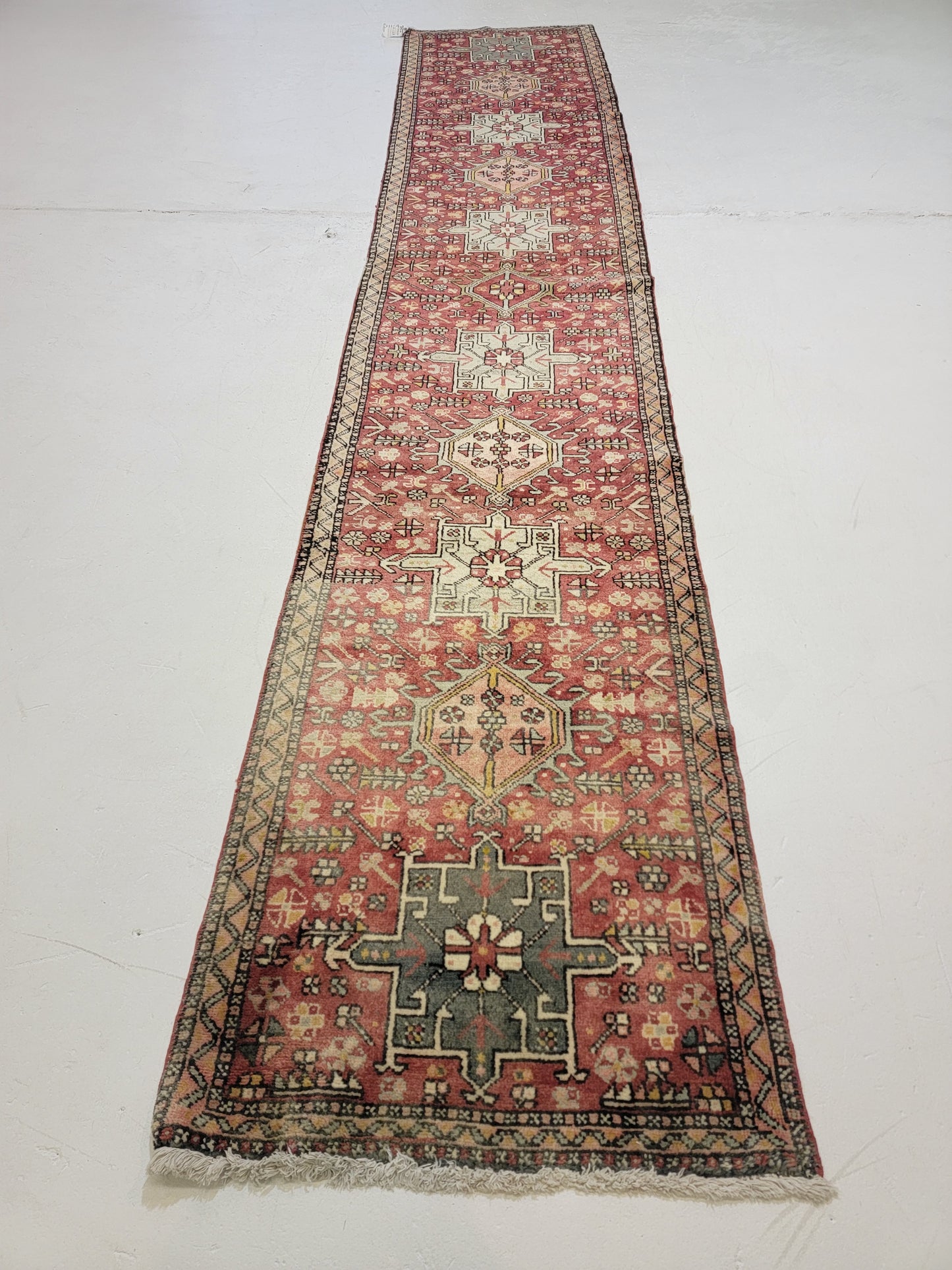Antique Hand-Knotted Wool Runner Heriz Karajeh 2'6" x 13'
