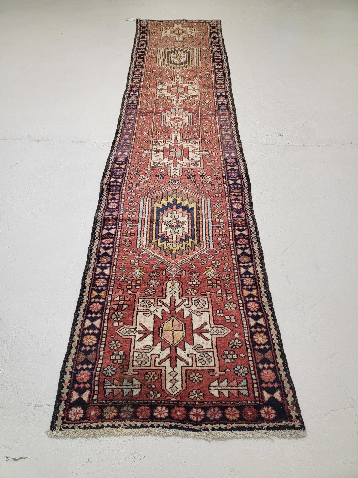 Antique Hand-Knotted Wool Runner Heriz Karajeh 2'9" x 12'1"