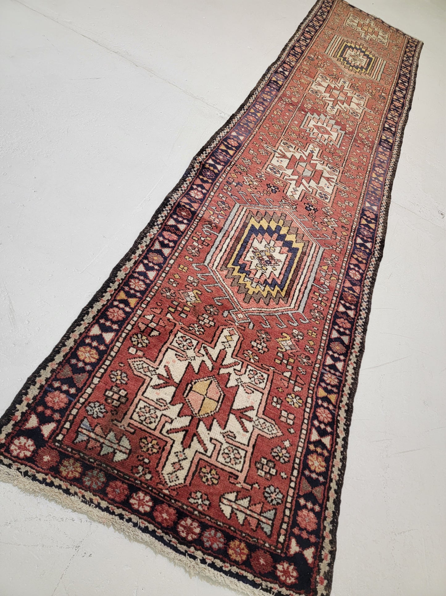 Antique Hand-Knotted Wool Runner Heriz Karajeh 2'9" x 12'1"