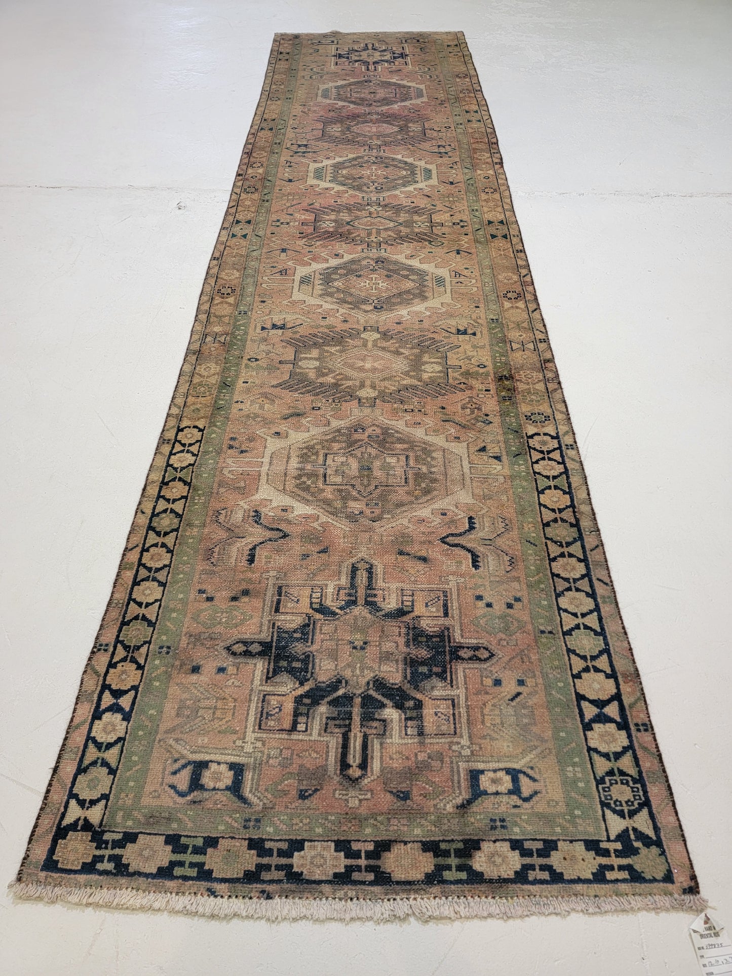 Antique Hand-Knotted Wool Runner Heriz Karajeh 3'3" x 12'10"