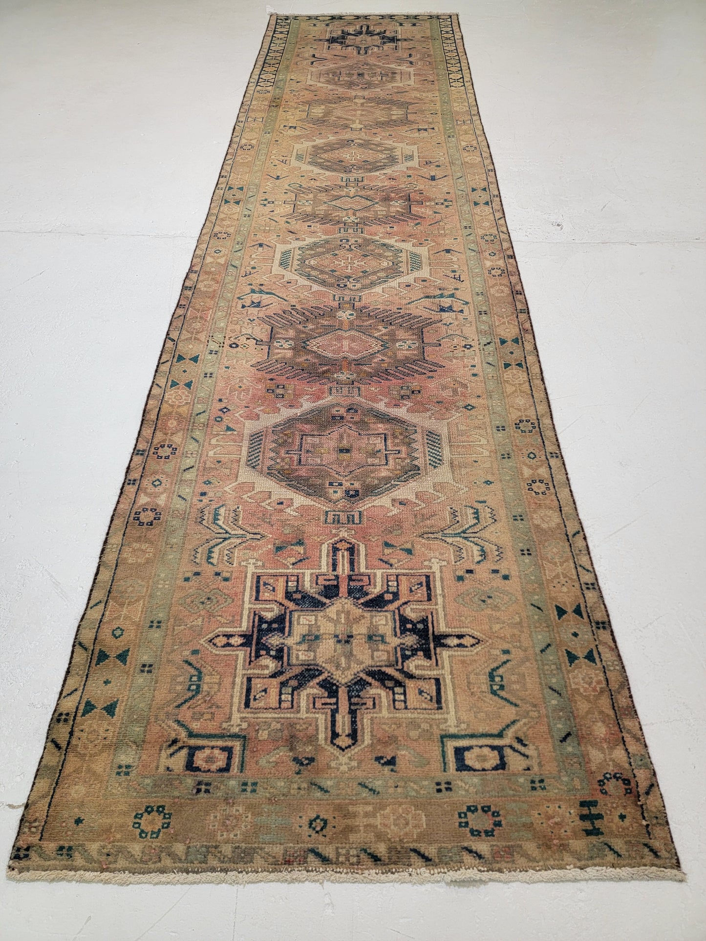 Antique Hand-Knotted Wool Runner Heriz Karajeh 3'3" x 12'10"