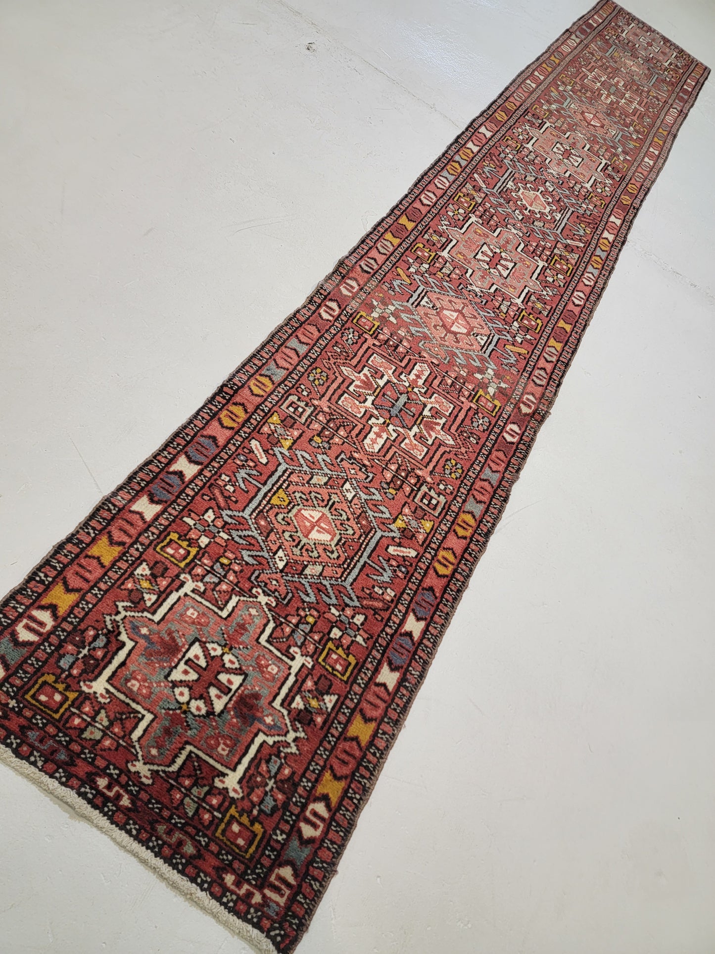 Hand-Knotted Wool Runner Antique Heriz Karajeh 2' x 12'9"