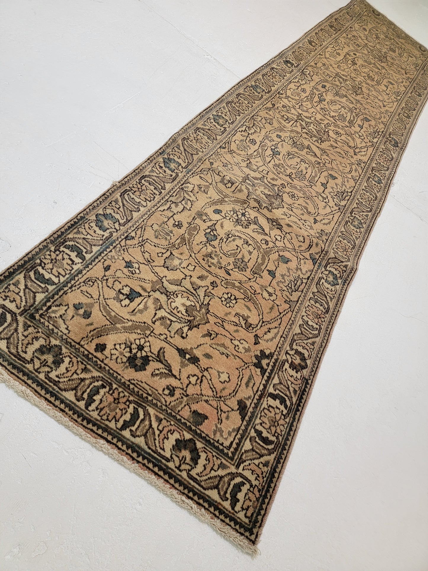 Antique Hand-Knotted Wool Runner Tabriz 3' x 12'10"