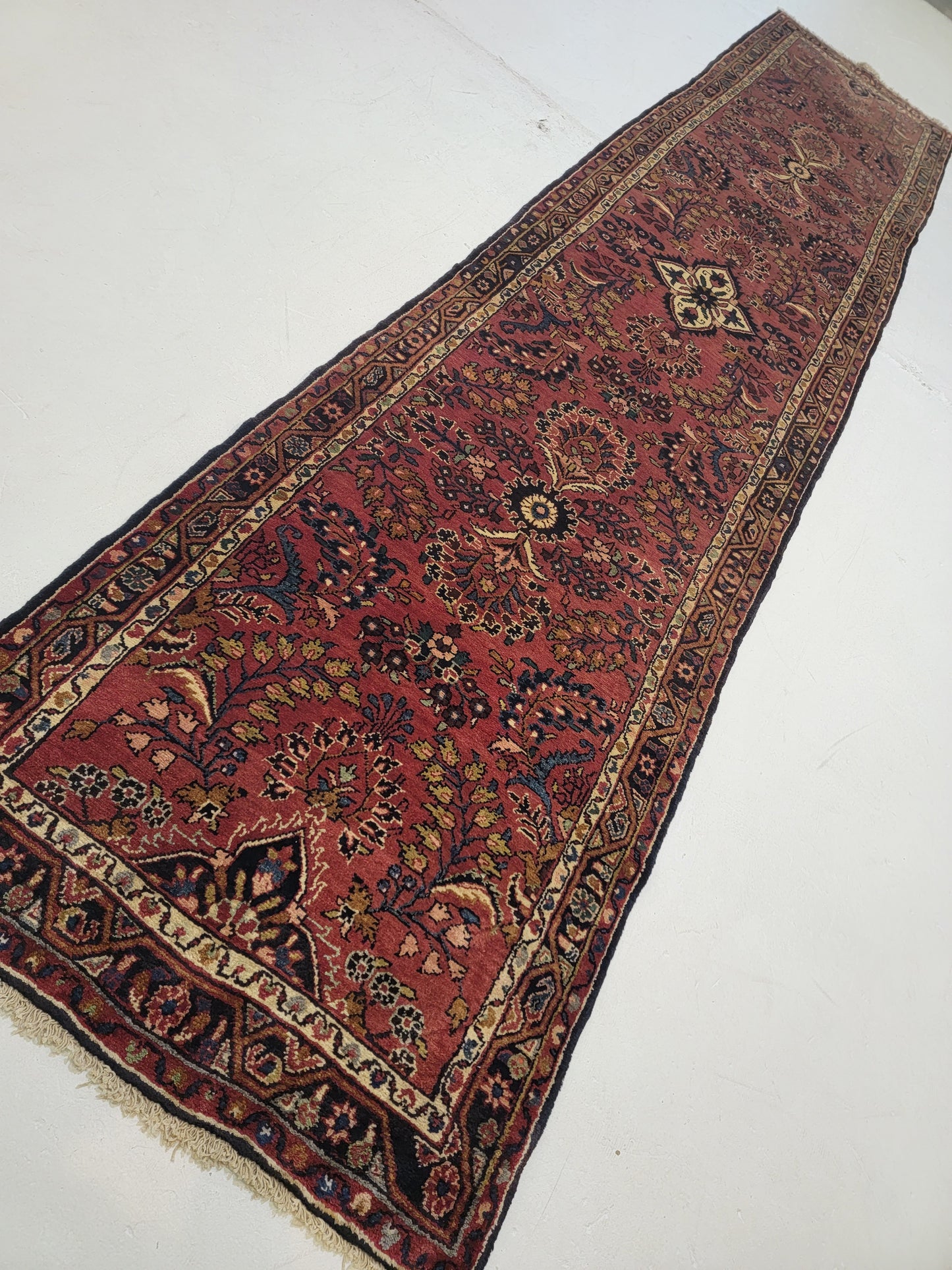 Antique Hand-Knotted Wool Runner Hamedan Rudbar 2'9" x 12'9"