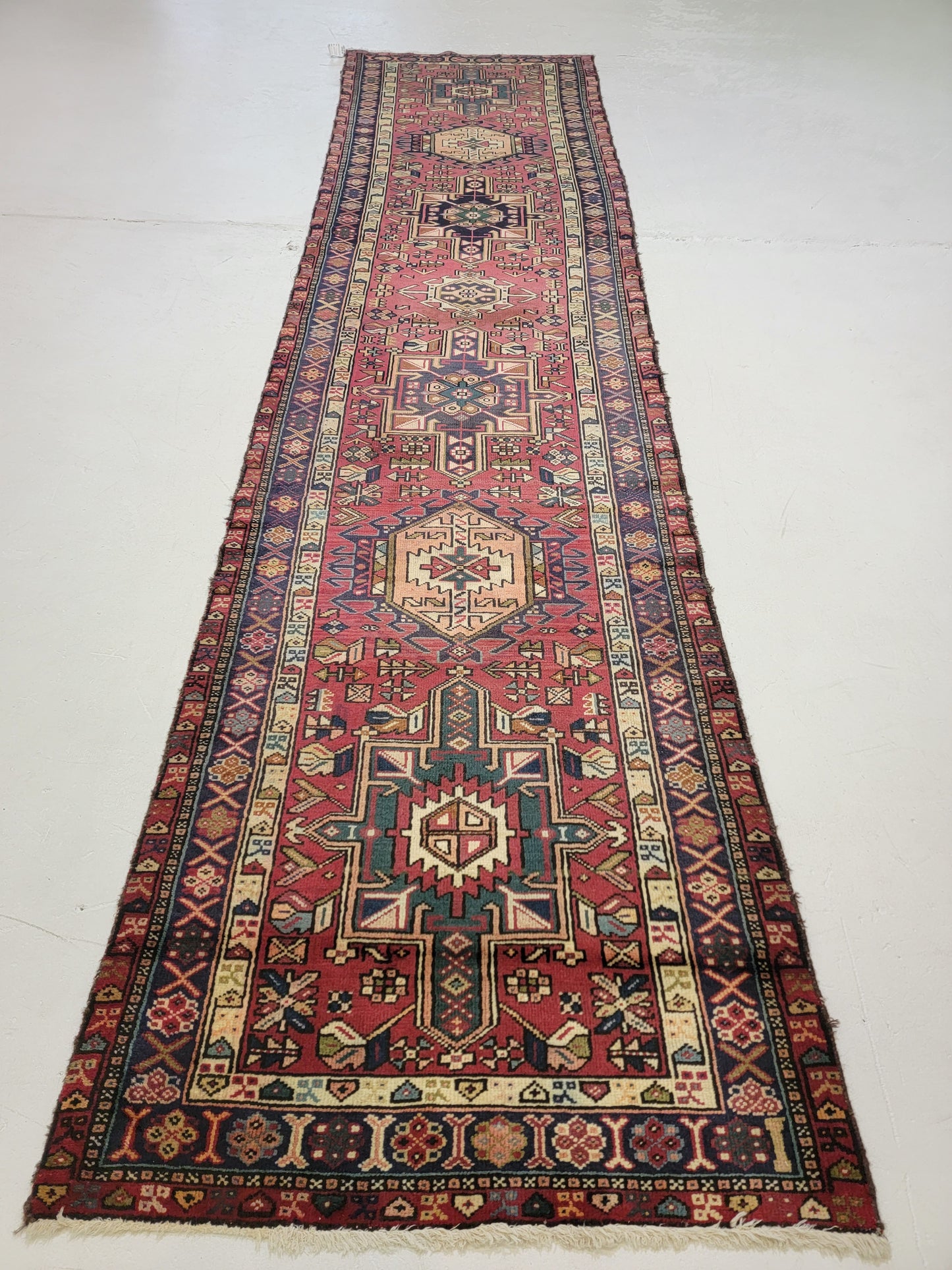 Antique Hand-Knotted Wool Runner Heriz Karajeh 3'3" x 13'6"