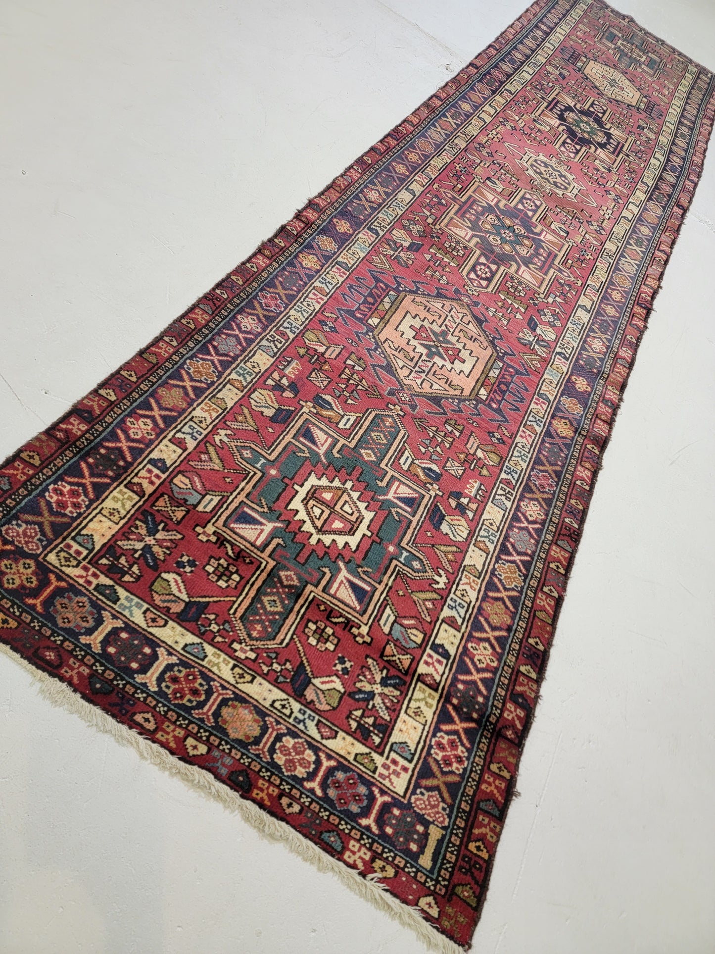 Antique Hand-Knotted Wool Runner Heriz Karajeh 3'3" x 13'6"