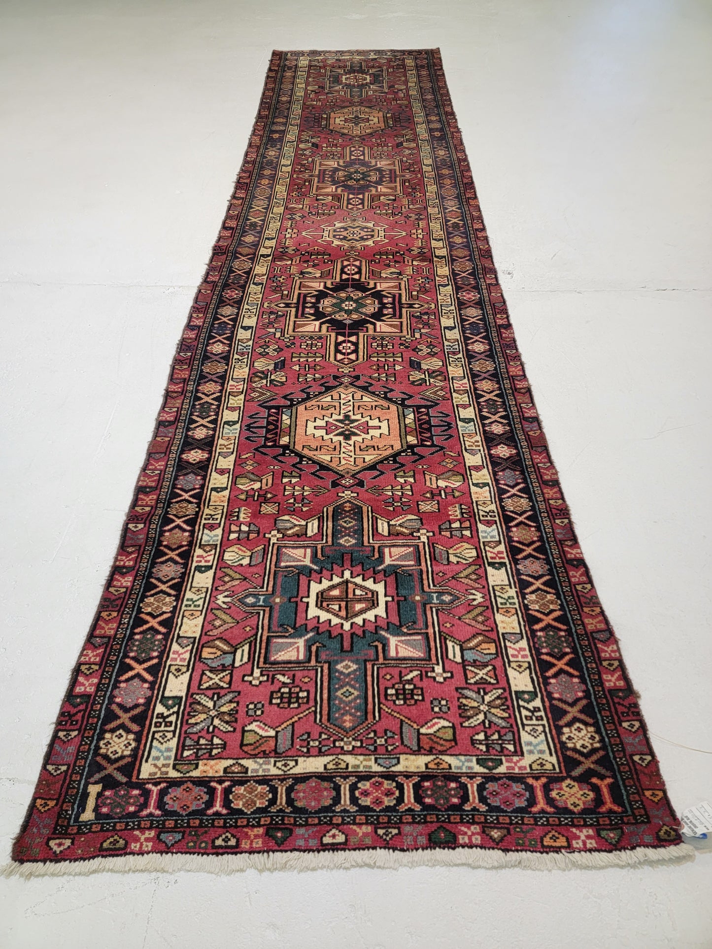 Antique Hand-Knotted Wool Runner Heriz Karajeh 3'3" x 13'6"