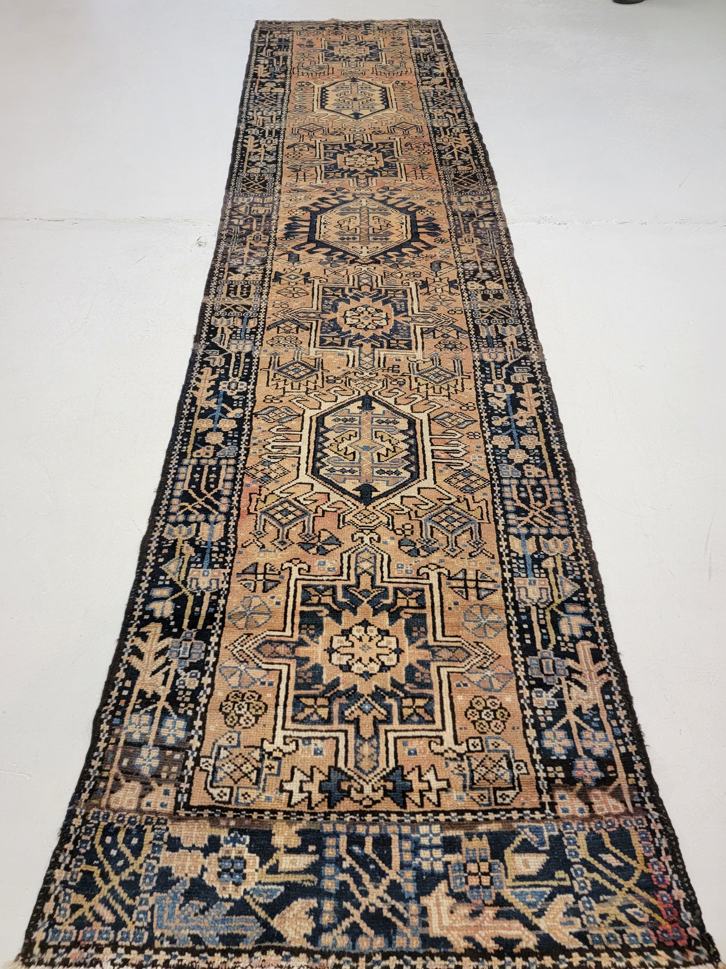 Antique Hand-Knotted Wool Runner Heriz Karajeh 3' x 12'4"