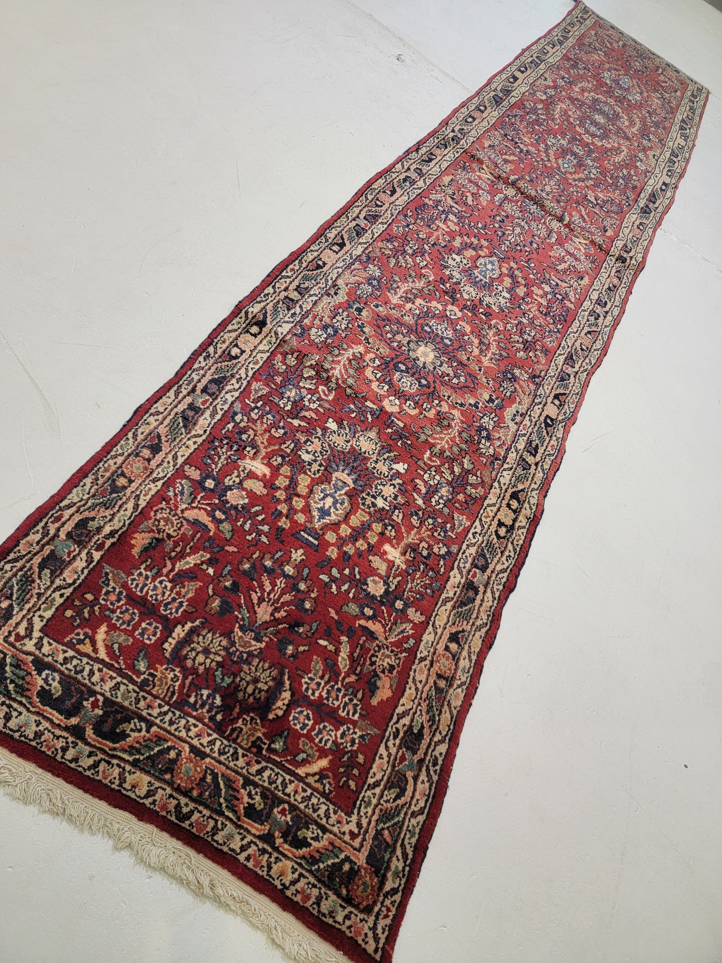 Antique Hand-Knotted Wool Runner Hamedan Rudbar 2'9" x 13'7"