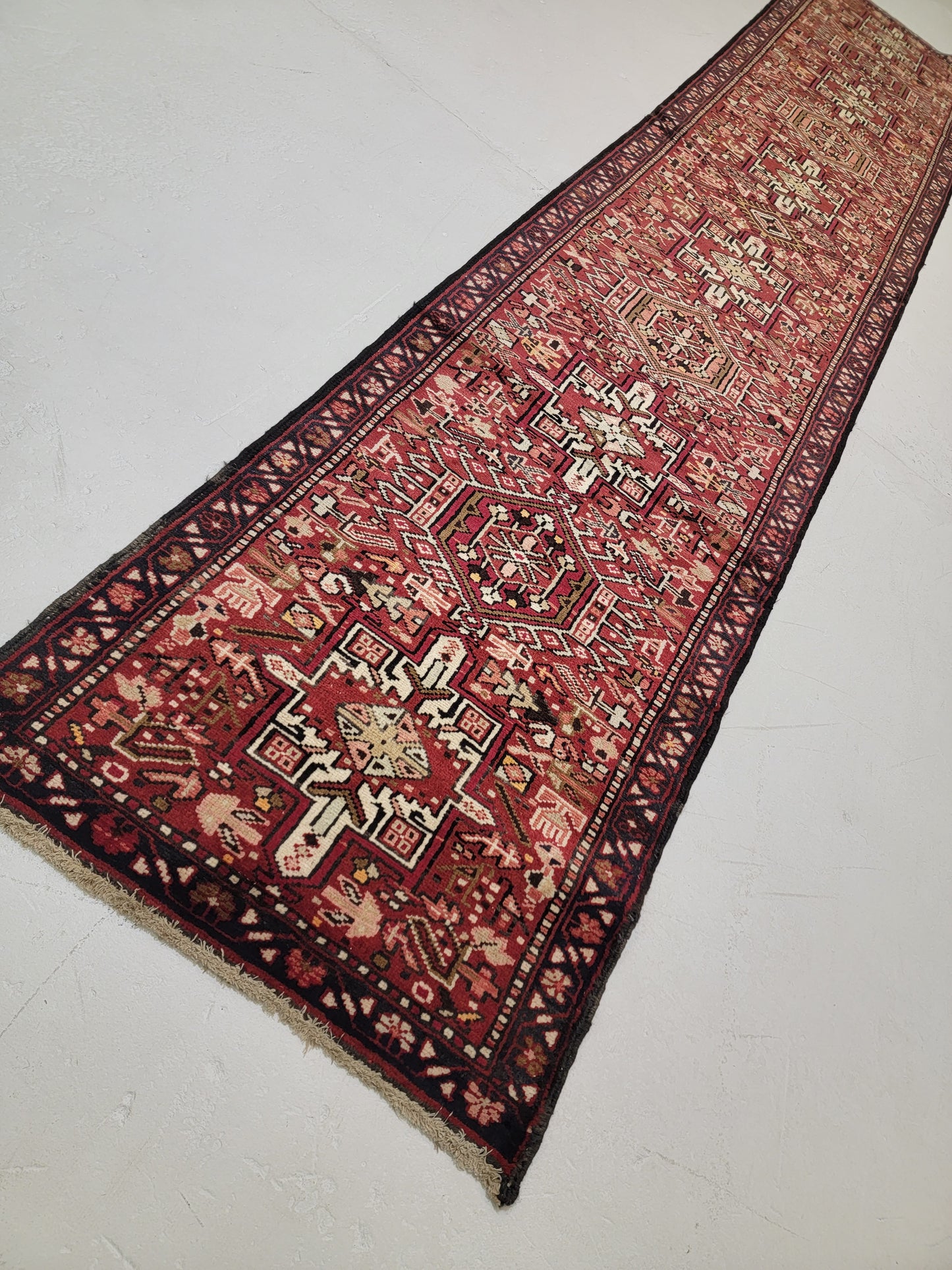 Antique Hand-Knotted Wool Runner Heriz Karajeh 2'7" x 13'10"